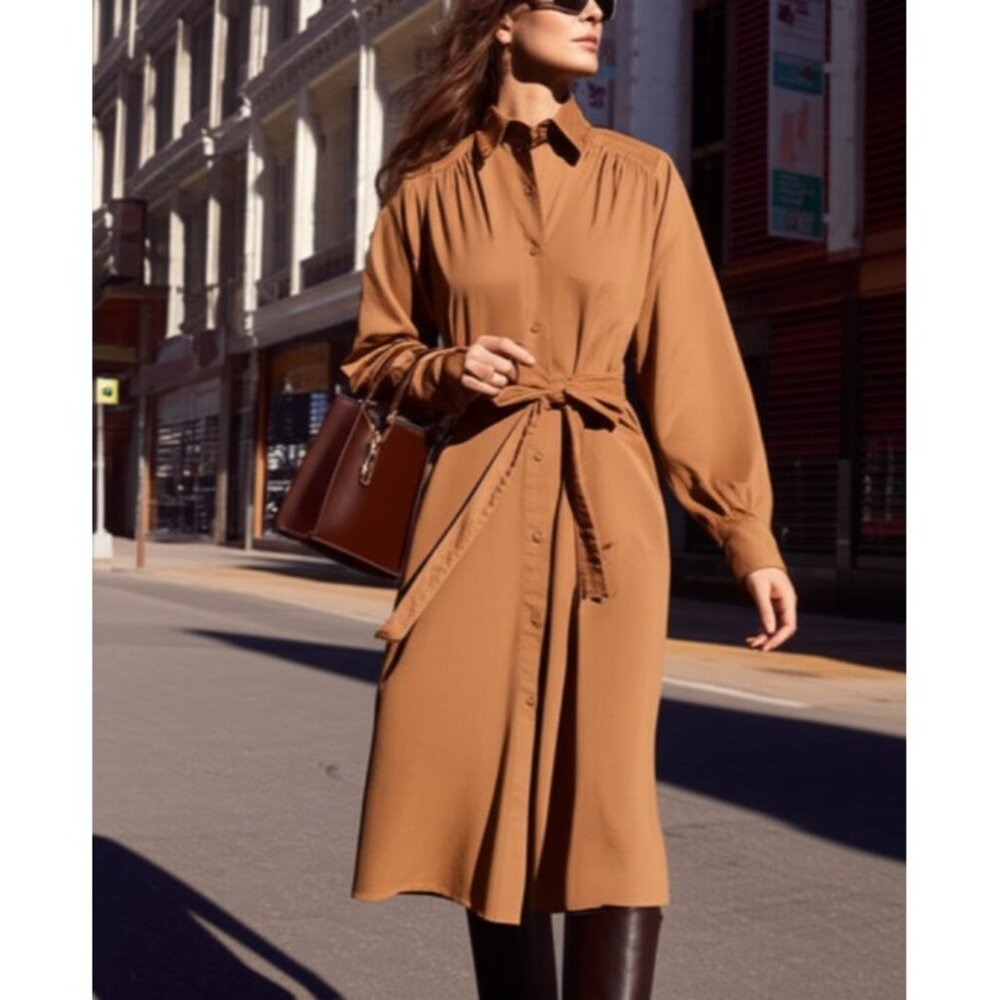 OFFICINE GENERALE Virginie Quiet Luxury Brown Modest Lagenlook Shirt Dress M